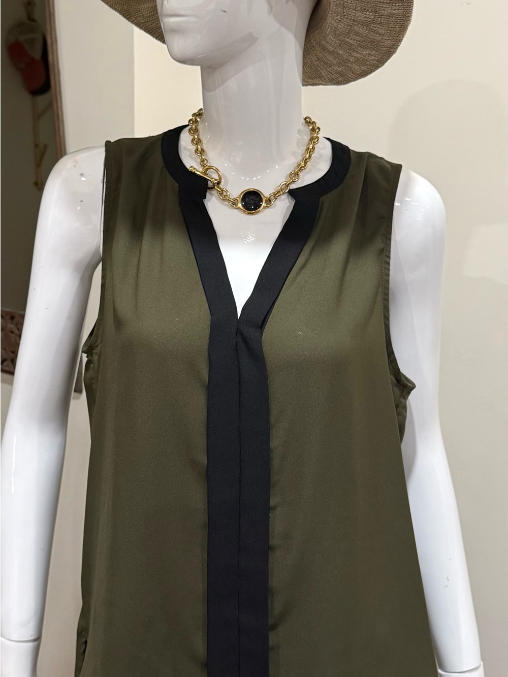 Sleeveless Olive Green V-Neck Top with Black Trim